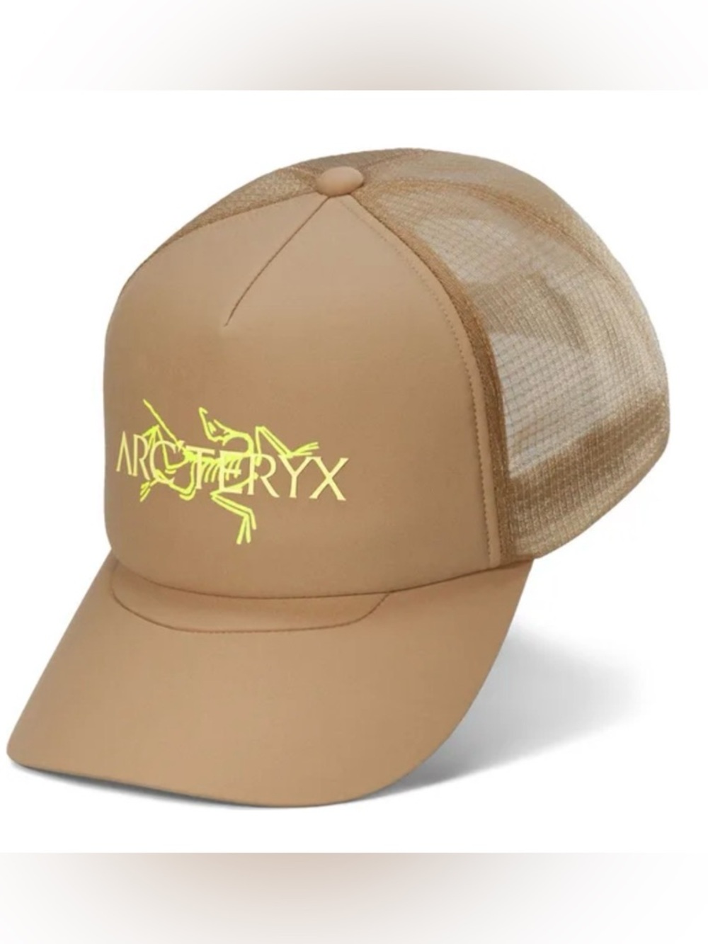 Arc'Teryx Logo Bird Trucker Curved Hat Cap OSFM White And Tan SnapBack